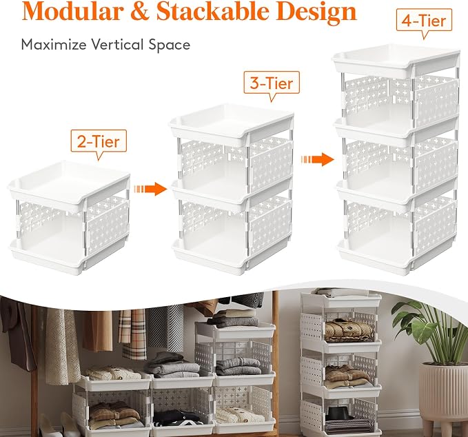 Lifewit Plastic Stackable Storage Baskets, 4 Tier Stacking Bins for Food and Clothes, Multifunctional Organizer for RV, Kitchen, Playroom, Pantry and Bathroom, 13.8"D x 11.8"W x 28.3"H, 1 Pack, White | Stacking Bins for Food, Multifunctional Organizer ... - Image 4