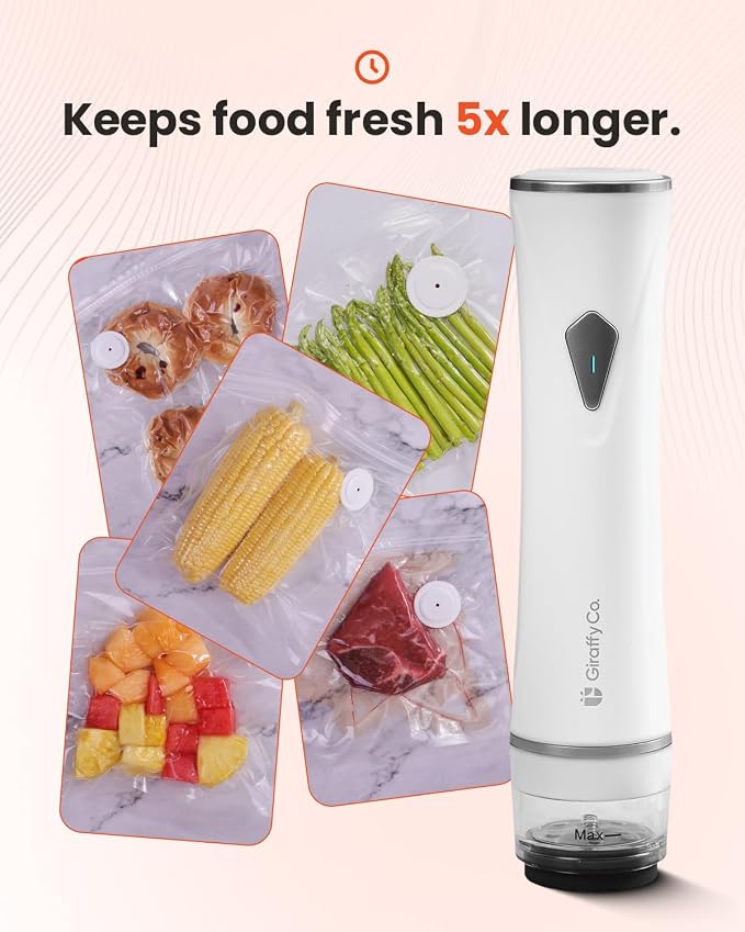 GIRAFFYCO Compact Food Vacuum Sealer Machine Only, Portable Rechargeable | Handheld Food Saver Compatible with S-XXL Reusable Bags, Transparent Water Tank Buffer, Meal Prep, Sous Vide & Freezer - Image 3