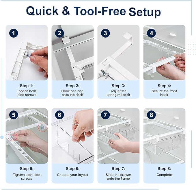 Fridge Drawer Organizer Pull-Out Under Shelf Bin, Adjustable Dividers | BPA-Free Clear Space-Saving Storage - Image 7