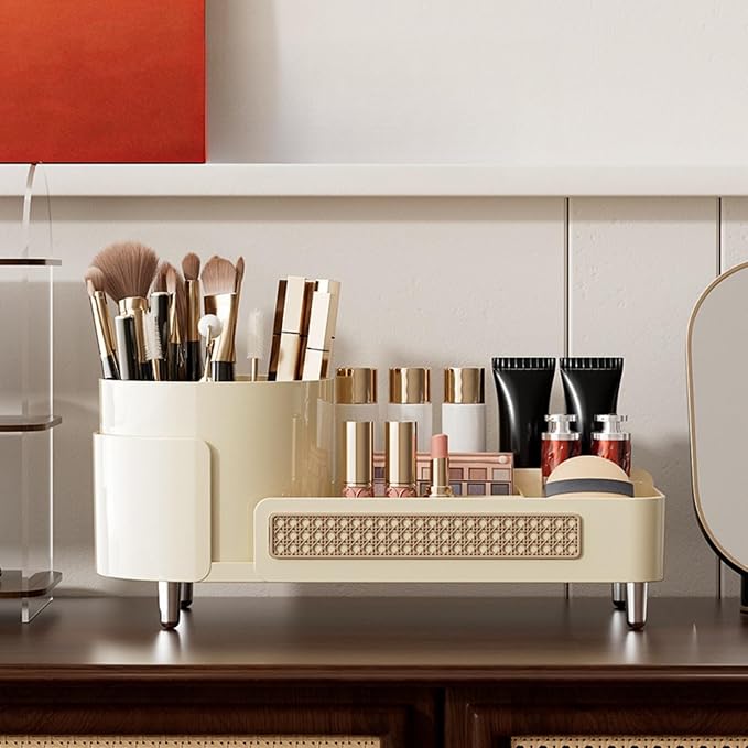 Booklov Rotating Makeup Organizer for Vanity Countertop, Cream | Plastic Cosmetic Display Case, Large Beauty Brush Holder for Bathroom Counter, Skin Care Perfumes Storage - Image 8