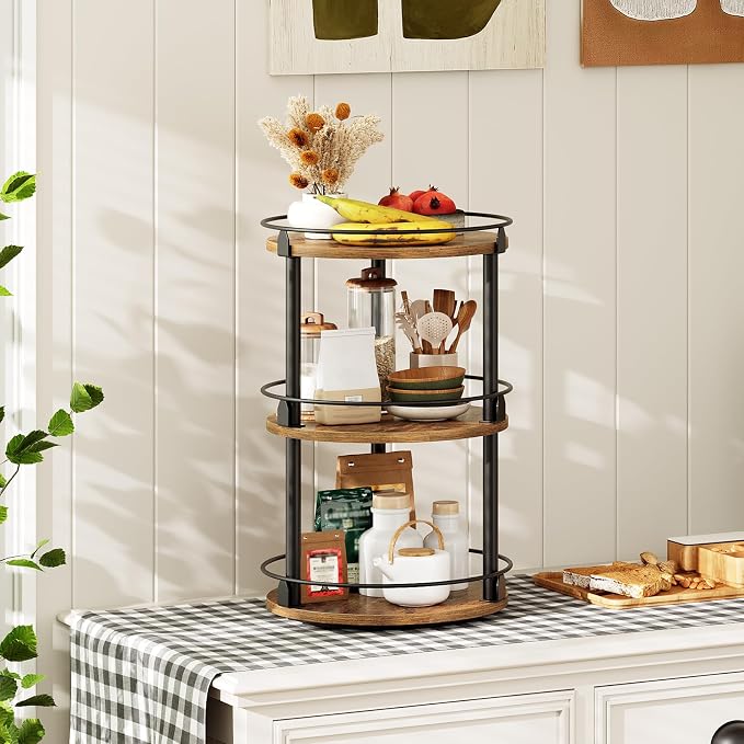 3-Tier Lazy Susan Organizer, Rotating Spice Rack, Spinning Organizer, Industrial Turntable Spice Rack Organizer for Cabinet, Kitchen Countertop, Pantry, Rustic Brown and Black SR23BR - Image 8
