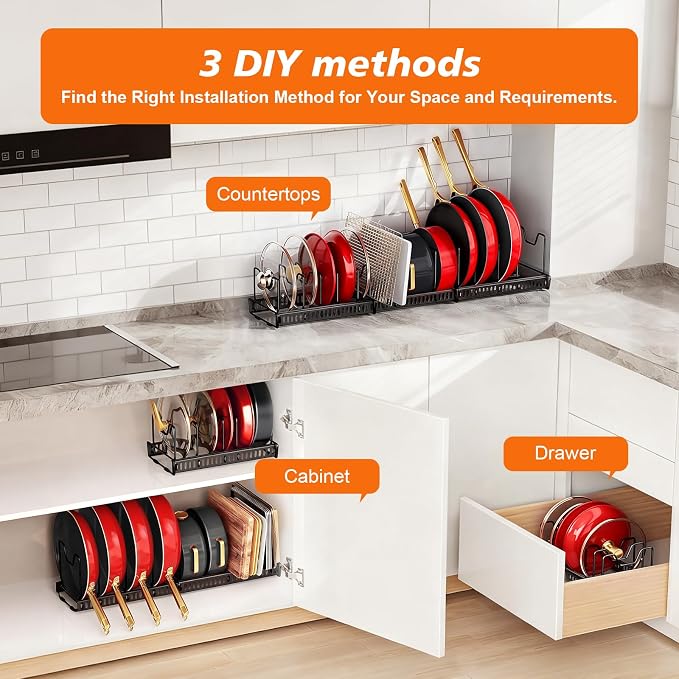 2 Pack Expandable Pot and Pan Organizerinside Cabinet 13 Divider | Expandable 11.8–22.9", 13 Adjustable Dividers, Tool-Free Assembly, Non-Slip, For Pan Lid Cutting Board Bakeware-White&Black - Image 5