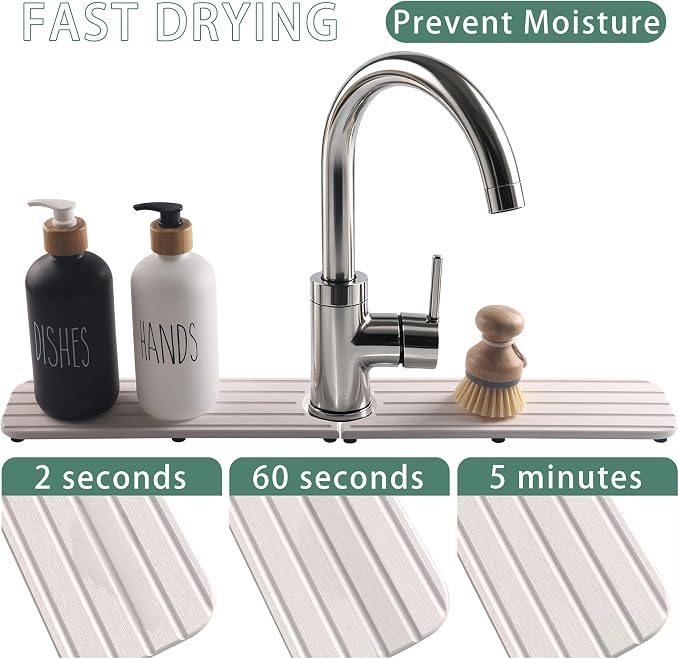 NiuYichee Faucet Mat for Kitchen Sink, Water Absorbing Diatomite Stone Tray | 23.6" x 3.9" Sink Coaster for Bathroom Counter, Stone Drying Mat, Sink Splash Guard, Fast Drying-Prevent Moisture, White - Image 4
