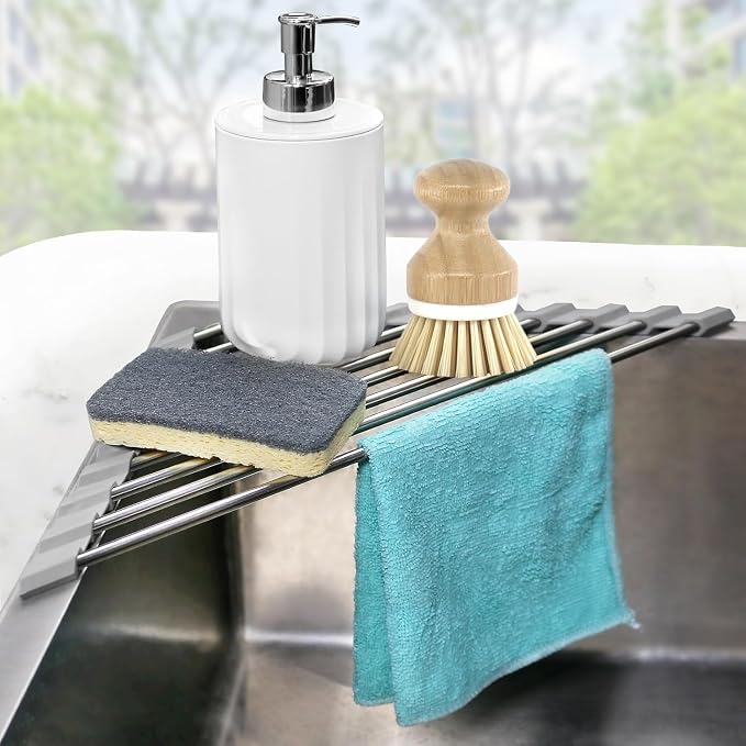 Corner Sink Caddy Triangle Dish Drying Rack for Sink Corner, Sponge Holder Roll Up Dish Drying Rack Over The Sink, Stainless Steel Kitchen Sink Organizer Drainer Mat Sponge Caddy for Counter Storage by SeropyDirect