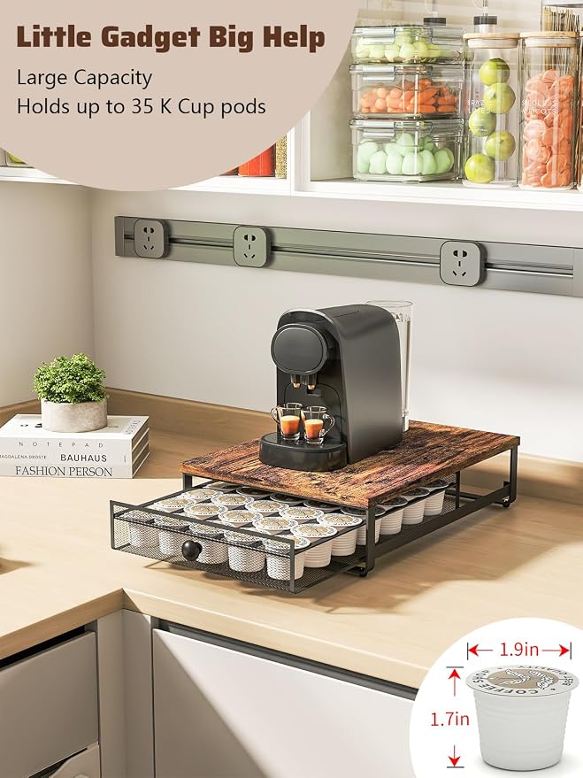 Sedegn Coffee Pod Storage Drawer: Holds 35 K-Cup Pods Coffee Pod Organizer | Sliding Drawer K Cup Holder for Easy Access, Fits Keurig & Coffee Bars, Non-Slip Feet, No Assembly Needed, Brown - Image 5