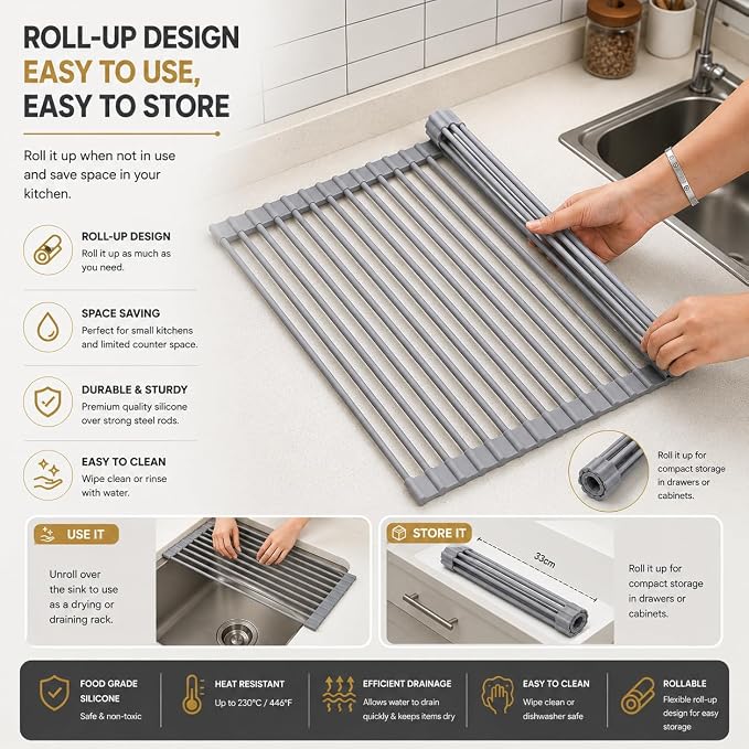 Roll Up Dish Drying Rack for Kitchen Sink, Silicone Wrapped Dish Drainer,Flodable Over Sink Drying Rack,Heat Resistant, Drain Mats, Space Saving, Multipurpose (Gray, Large) - Image 4