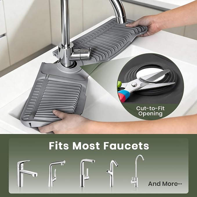 2PCS 24 Inch Faucet Mat for Kitchen Sink, Silicone Splash Guard for Kitchen Sink Area, 7° Slope Fast Self-Draining Sink Mat, Cuttable Hole Design, Sink Backsplash Guard Draining Mat, Dark Grey - Image 6