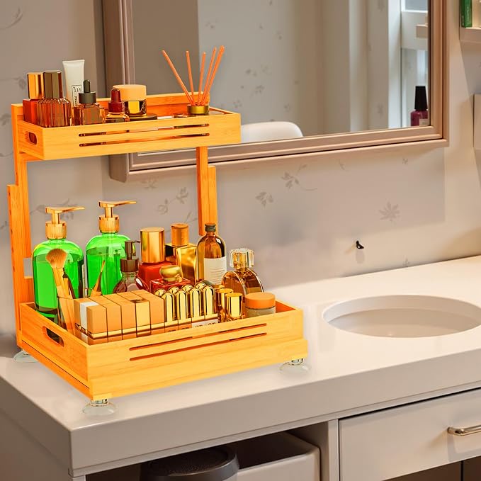 Under Sink Organizer, Premium Bamboo Wood Pull Out Cabinet Organizer, 2 Tier Slide Out Sink Shelf Cabinet Storage Shelves, Under Sink Storage for Kitchen Bathroom Cabinet - Image 8