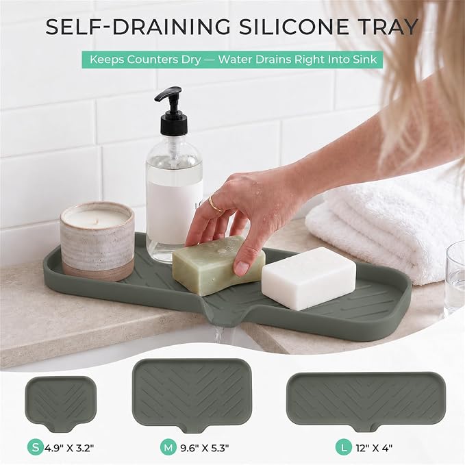 MicoYang Silicone Soap Dish with Drain Spout — Self-Draining Double Sink Organizer Tray for Kitchen & Bathroom, Dispensers, Sponges & Soap Holder, Non-Slip & Dishwasher Safe, Grey (Large, 12"×4") - Image 8