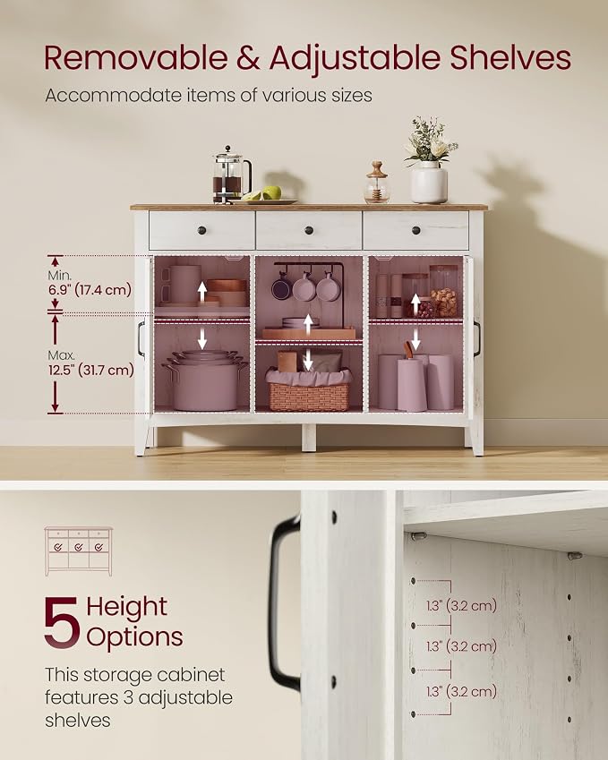 VASAGLE LIRY Collection - Coffee Bar Cabinet, Kitchen Storage Cabinet with 3 Drawers, Farmhouse Sideboard with Adjustable Shelf for Kitchen, Rustic White and Honey Brown UBBK371W01V1S - Image 5