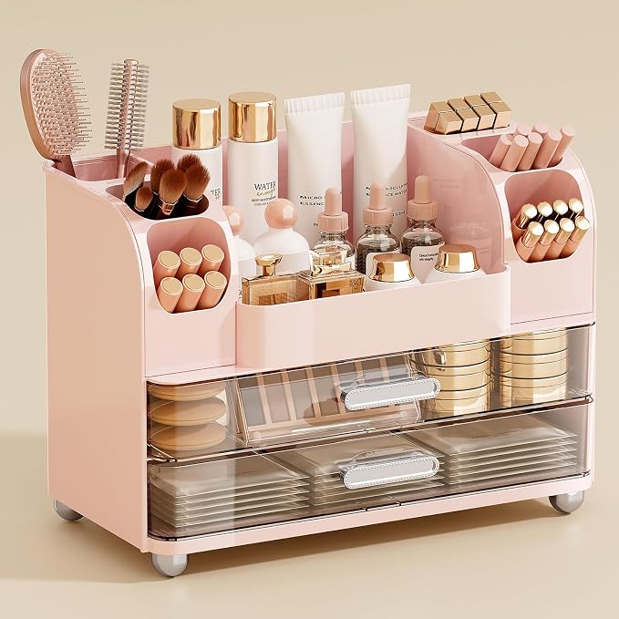 UFORU Makeup Organizer Countertop with 2 Large Drawers for Vanity Bathroom | Brush Holder, Large Capacity, Thickened Plastic, Compact Footprint, Space-Saving Design, Easy Clean, Ideal for Dorm Rooms by UFORU