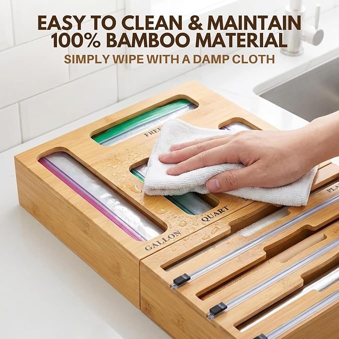 9 in 1 Bamboo Kitchen Drawer Organizer for Storage Bags, Foil & Plastic Wrap Holder with Built-In Cutter, Fits Gallon, Quart, Sandwich, and Snack - Image 5