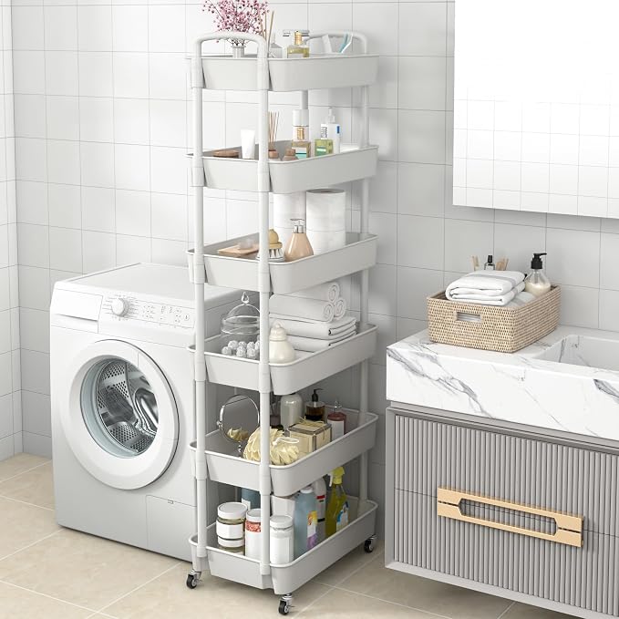 Sywhitta 6-Tier Plastic Rolling Utility Cart with Wheels for Storage,White | Multi-Functional Storage Trolley, for Office, Living Room, Kitchen, Bathroom,Movable Organizer,Space-Saving,Easy to assemble - Image 7