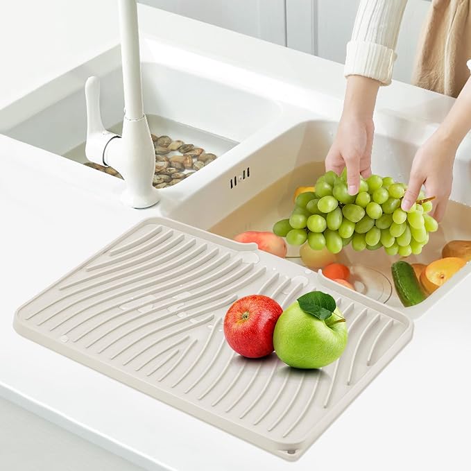 TIKNIK Silicone Dish Drying Mat for Kitchen Counter, Cream-1pcs, 20" x 15" | Heat Resistant & Non-Slip Dish Drain Pad with Built-In Drain, Dishwasher Safe, Quick-Dry, Hangable & Roll-Up for Storage - Image 7