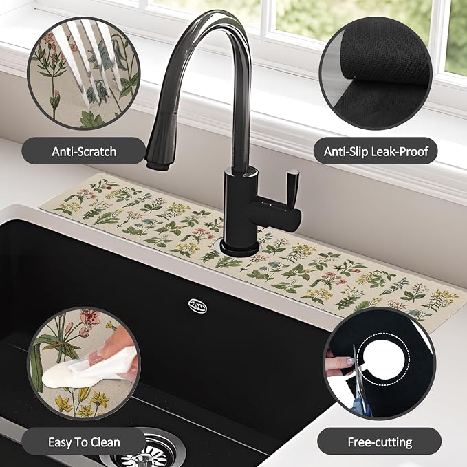 24" X 5.5" Kitchen Sink Splash Guard Faucet Mat Floral Super Absorbent Fast Drying Faucet Guard & Draining Mat Sink Splash Guard Behind Faucet for Kitchen, Bathroom - Image 4