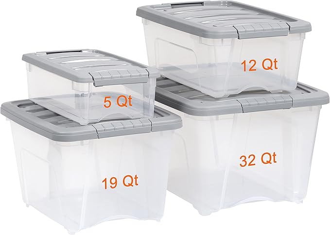 Amazon Basics Plastic Storage Containers with Secure Latching Lids, Stackable Organization Bins, Clear/Grey, 12 Quart, Set of 6 - Image 6