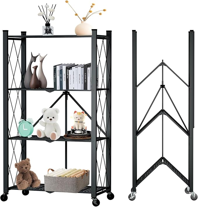 4 Tier Foldable Storage Shelf with Wheels, Metal Steel Collapsible Shelves | Heavy Duty Folding Shelf Loads 600 LBS, Rolling Standing Utility Rack for Kitchen, Pantry, Office, Black by YUANJIMI