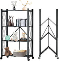 4 Tier Foldable Storage Shelf with Wheels, Metal Steel Collapsible Shelves | Heavy Duty Folding Shelf Loads 600 LBS, Rolling Standing Utility Rack for Kitchen, Pantry, Office, Black by YUANJIMI