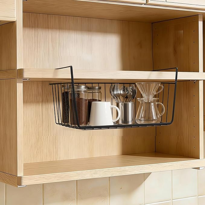 2Pcs Under Shelf Basket Metal Wire Under Cabinet Basket for Kitchen Pantry | Under Shelf Storage Basket Slides Under Shelves for Storage Space Saving for Kitchen Pantry Closet Office No Tools Required - Image 2