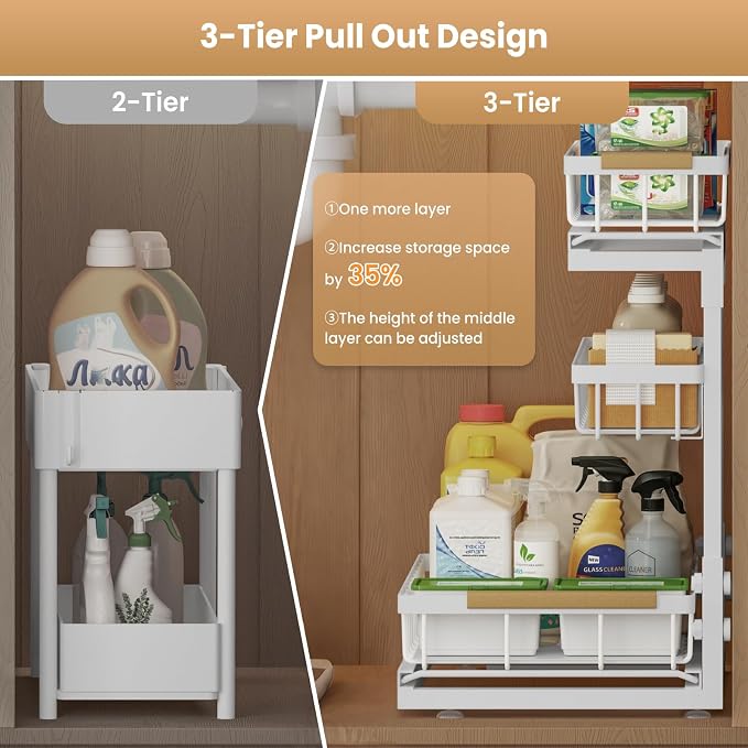 Under Sink Organizer and Storage for Bathroom and Kitchen - 2 Pack 3 Tier | Under Cabinet Pull Out Shelf Organizers - Slide Out Drawer Organization for Home Cabinets Shelves and Drawers - Image 4