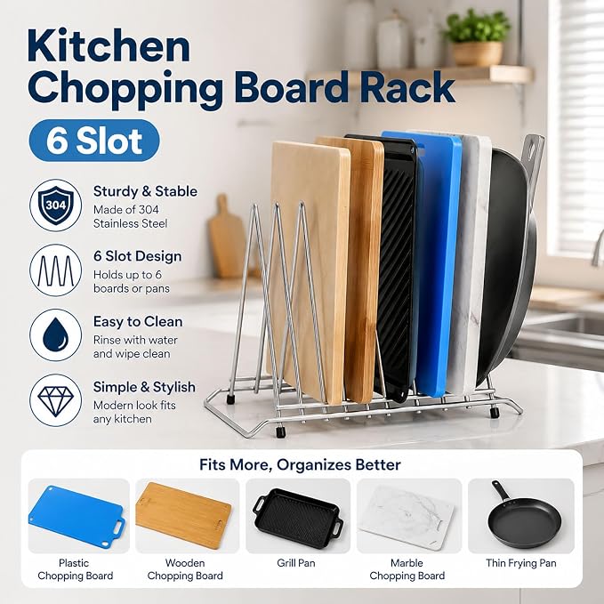 Stainless Steel Cutting Board Holder, 6-Slot Countertop Stand | 304 stainless steel, 6-slot organizer, heavy-duty, fits boards up to 1.4in (3.7cm) thick, not for pot lids - Image 2