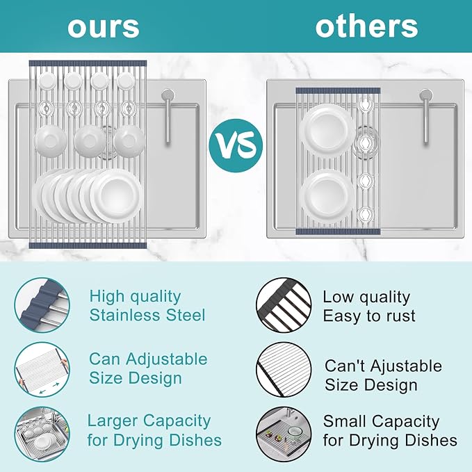BBXTYLY Extra Large Expandable Roll Up Dish Drying Rack,Over The Sink Drying Rack Sink Cover Kitchen Sink Accessories Kitchen Rolling up Stainless Steel Drainer, Foldable,Rollable（Gray，22.8'-17.3''） - Image 4