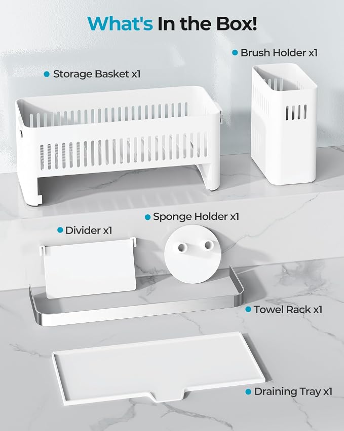 Nieifi Sponge Holder, White Rustproof ABS Sink Caddy with Towel Rack | Smiley Sponge and Brush Holders with Drainage to Keep Items Dry. 10"L x 4.5"D. Kitchen Counter Organizer & Essential Storage. - Image 7