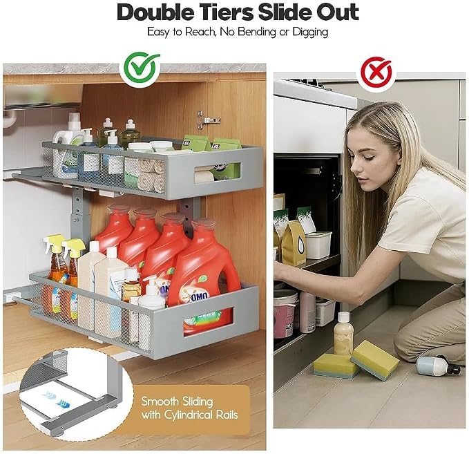 Under Sink Organizer, 2-Tier Dual Pull Out Cabinet Organizer Drawers With Smooth Circular Rail,Large Capacity Metal Mesh Sliding Shelves For Bathroom& Kitchen Storage,Height Adjustable–Gun Gray,1 Pack - Image 4