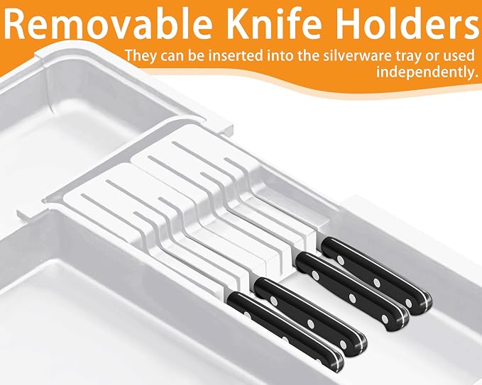 Silverware Organizer for Kitchen Drawer, Expandable Utensil Drawer Organizer with 2 Knife Block, Flatware and Cutlery Holder, Adjustable Plastic Storage for Spoons Forks Knives - Image 6