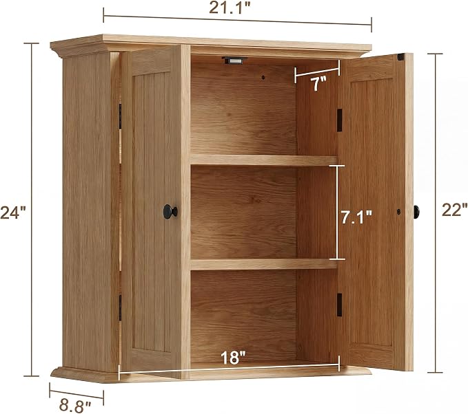 ChooChoo Bathroom Wall Cabinet with 2 Doors, Over The Toilet | 8.8"D x 21.1"W x 24"H, Medicine Cabinet, Adjustable Shelves, Cupboard, Natural - Image 3