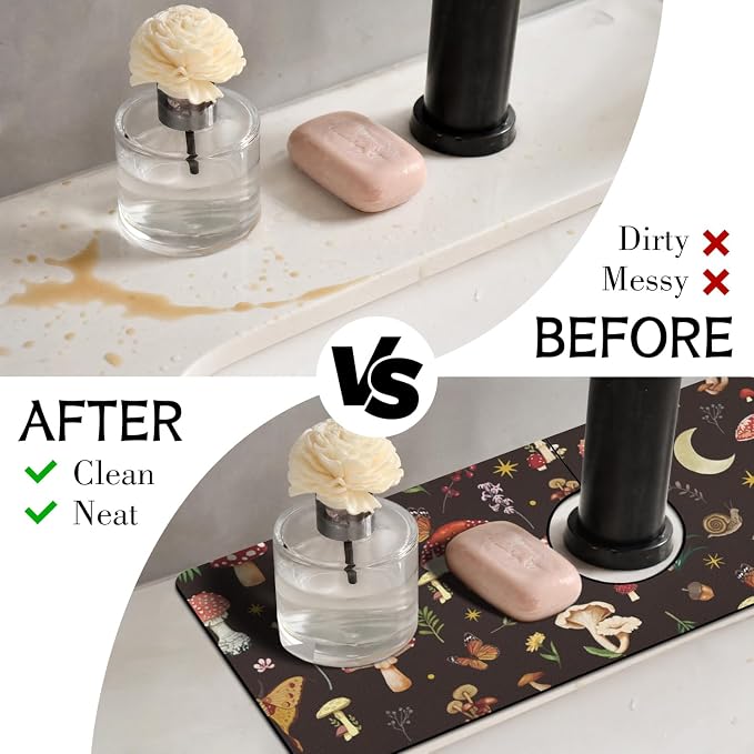 Vintage Black Mushrooms Butterfly Kitchen Sink Splash Guard Faucet Mat,Faucet Non-Slip Absorbent Mat,Farmhouse Sink Splash Guard Behind Faucet for Kitchen Bathroom, 15"x5.5" - Image 3