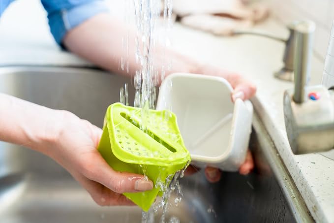 Full Circle Stash, Ceramic Kitchen Sink Caddy, Stylish Modular Sponge Holder & Dish Brush Organizer, Green and White, 11" - Image 3