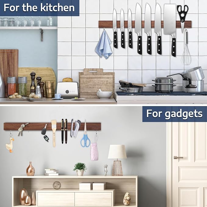 Dmore magnetic knife holder for wall—with 2 hooks, No Drilling 20 Inch walnut knife magnetic strip, Powerful knife magnet rack, include Adhesive Tape and screws for Knives, Utensils, and Tools - Image 7