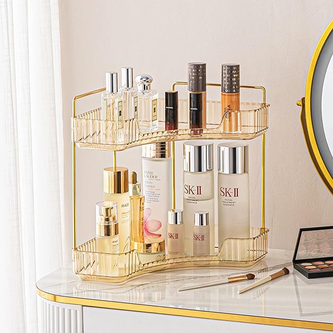 2-Tier Corner Bathroom Counter Organizer – Classic Storage Shelf for Makeup, Perfume & Toiletries, Space-Saving Countertop Tray Fits Bathroom, Dresser, Kitchen (Vintage Gold) by SHUANGQING