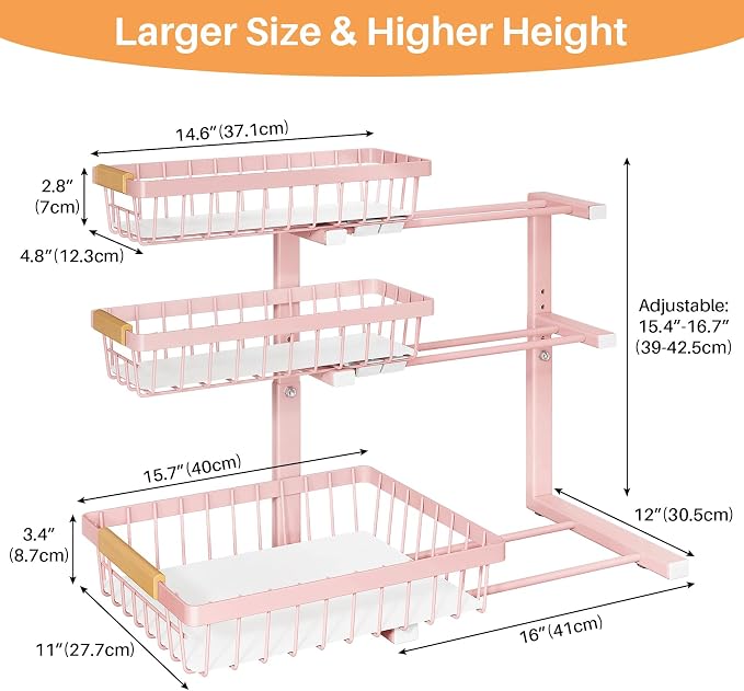PXRACK Under Sink Organizer, 2-Pack 3-Tier Height Adjustable Thickened Metal Pull out Cabinet Organizer Shelf, Slide out Storage Drawer Rack for Bathroom Kitchen Pantry Home Organization, Pink - Image 8