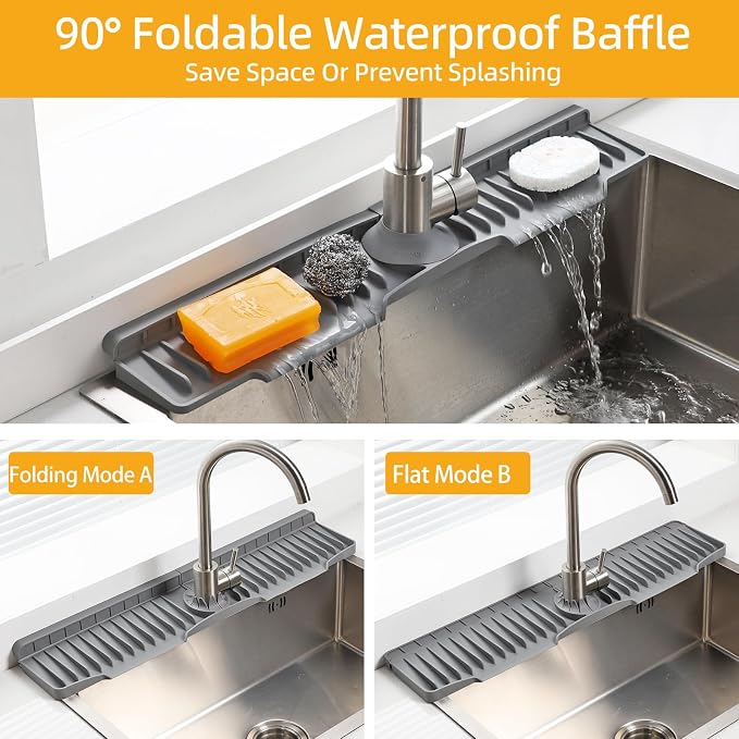 24" Silicone Sink Mat for Kitchen(Released in 2026), Grey | 8° Slope for Quick Self-draining, Sink Splash Guard Behind the Faucet, Narrow Water Splash Guard, for Kitchen&Bathroom Area - Image 5