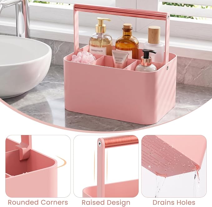 Pink Shower Caddy Portable: Plastic Bathroom Caddy Organizer with Handle, 4 adjustable compartments shower caddy with drainage holes, keeps items organized and dry, easy carry handle for college dorm - Image 5