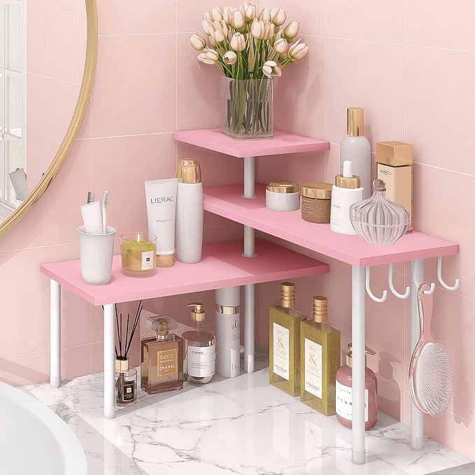 3-Tier Counter Organizer Shelf for Bathroom, Corner Shelf for Countertop, Over Sink, Make Up, Dresser Table, Desktop - Pink by Homode