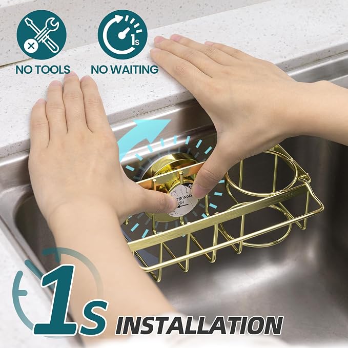 TAILI 4-in-1 Sink Caddy for Kitchen Sink with Strong Suction Cup-Gold | Removable Sponge Holder for Kitchen Sink Organizer, Rustproof 304 Stainless Steel Holder for Sponge, Brush, Scrubber, Scraper - Image 2