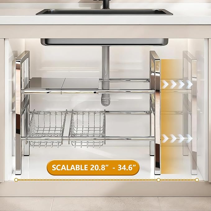 Large Under Sink Organizer 2 Tier Expandable Heavy Stainless Steel Shelf Adjustable Height for Under Kitchen Bathroom Sink Organizers and Storage (Large Size: 4 Panels 4 Storage Baskets) - Image 5