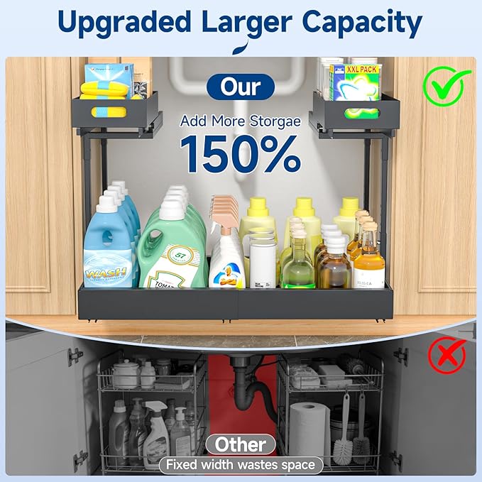 Insputer Upgrade Expandable Under Sink Organizer, 2 Tier Metal Under Cabinet Storage with 3 Slide Rails, Height Adjustable, Thickened Pull Out Drawer Shelf for Bathroom, Kitchen, Laundry, Pantry - Image 2