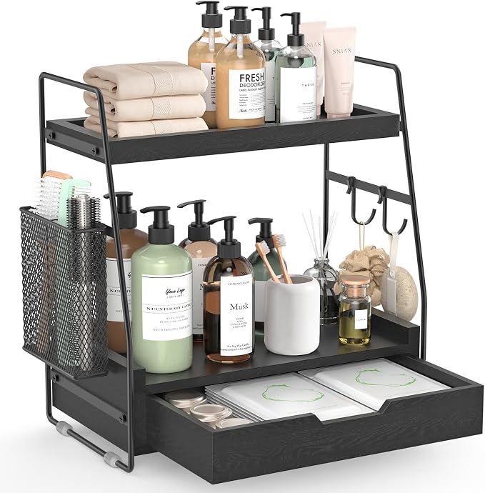 2-Tier Bathroom Counter Organizer with Drawer, Wood Counter Storage Shelf | Bathroom Vanity Organizer Countertop for Makeup, Skincare, Perfume, with Removable Basket, 13.4" x 7.9" x 14.5", Black by Unknown
