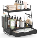 2-Tier Bathroom Counter Organizer with Drawer, Wood Counter Storage Shelf | Bathroom Vanity Organizer Countertop for Makeup, Skincare, Perfume, with Removable Basket, 13.4" x 7.9" x 14.5", Black by Unknown
