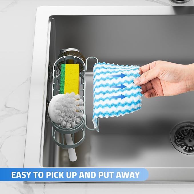 Cisily Kitchen Sink Caddy Sponge Holder in The Sink, Stainless Steel Kitchen Sink Organizer, Brush Holder, Dish Cloth Hanger, Sink Stopper Holder (Suction cup-Sage Green) - Image 4