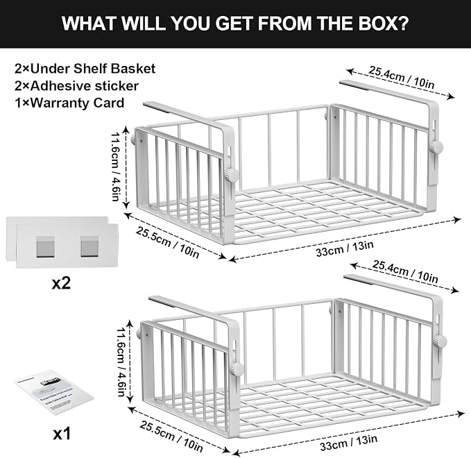 AmonHouseware 2Pack Under Shelf Storage Basket Organizer, White | Adjustable Hanging,Under Cabinet Add-on, Slide-in Baskets, for Laundry Room Kitchen Pantry Desk Bookshelf Counter Cupboard - Image 6