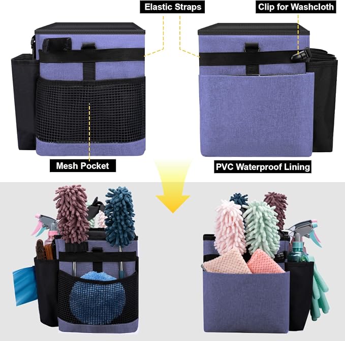 Wearable Large Cleaning Caddy Bag for Housekeepers (Purple) | Cleaning Supplies Organizer with Adjustable Shoulder, Waist & Handle Straps, Detailing Bag for Kitchen Supplies - Image 5