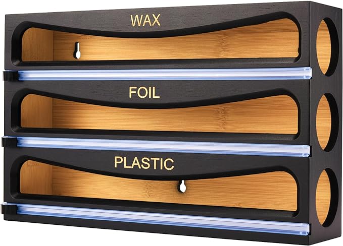 Bamboo Wrap Dispenser with Cutter, Plastic Wrap Organizer, Aluminum Foil Organization, and Wax Paper Dispenser Holder for Kitchen Drawer and Wall, Compatible with 12" Roll (01 Black) by CozeeBay