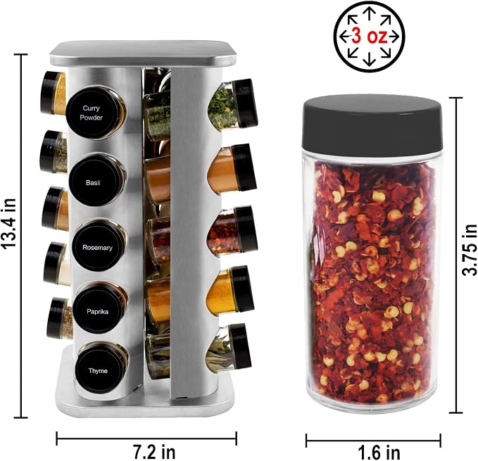 20 Jar Rotating Spice Rack with Spices Included & 5-Year Free Spice Refill Program – Stainless Steel Countertop Spice Rack with 3 oz Glass Jars | 5-Year Free Spice Refill Program, Stainless Steel Countertop, 3 oz Glass Jars - Image 2