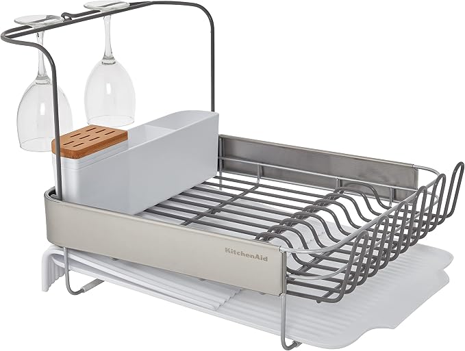 KitchenAid Full Size Compact to Full Capactiy Expandable Rust Resistant Dish Rack, with Self Draining Angled Drainboard and Removable Flatware Caddy, 24-Inch, White - Image 3