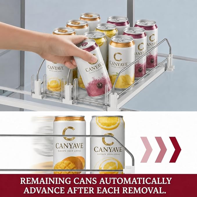 Self-Pushing Beverage Organizer for Fridge – Adjustable Spring Loaded Drink Dispenser & Soda Can Organizer – Clear Glide Rack Fits Cans, Bottles, Slim & Standard Sizes for Kitchen Pantry (3Rows) - Image 3